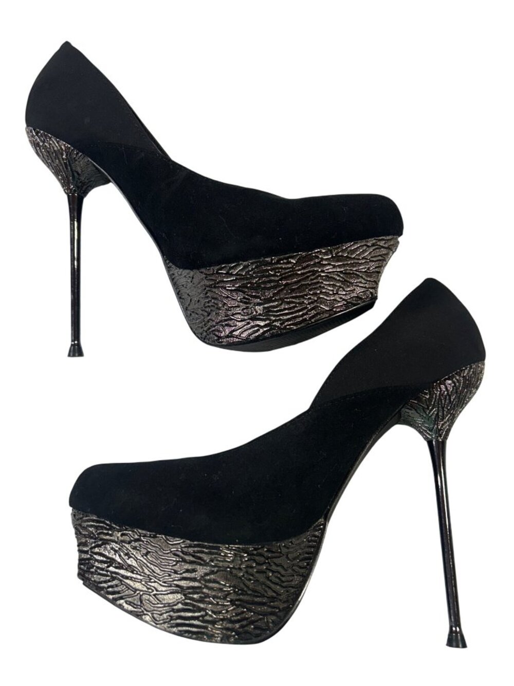Two Lips Womens Size 6.5 Black Platform Stiletto Heels With Textured Metallic - Picture 4 of 16